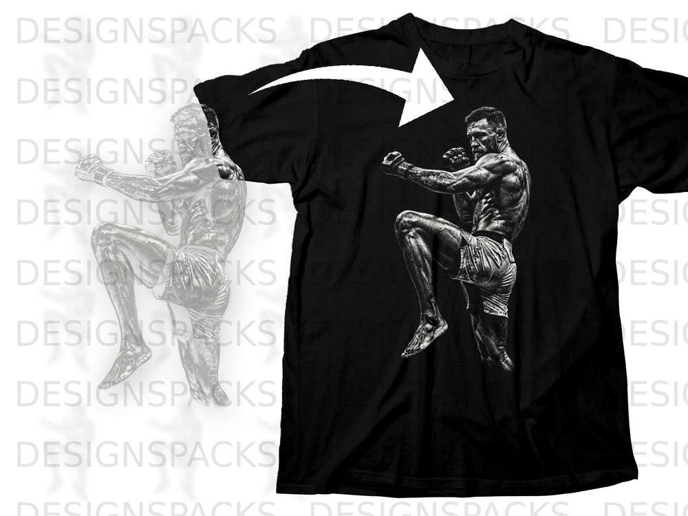 Black t-shirt with a graphic of a fighter in a defensive stance.