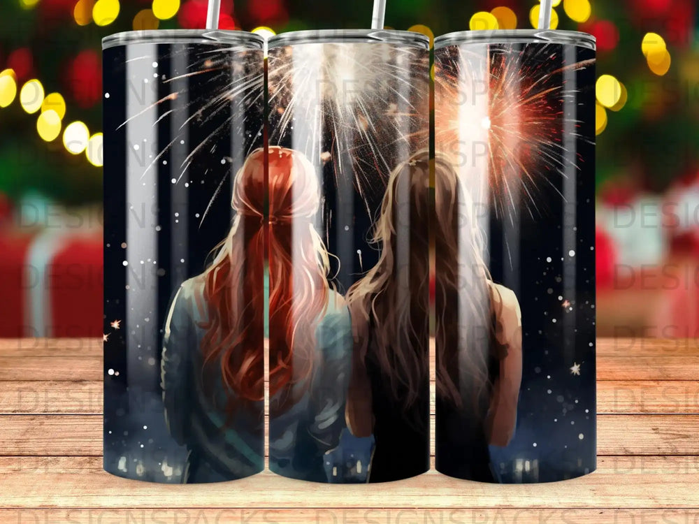 Two women watch fireworks, back turned, under a night sky.