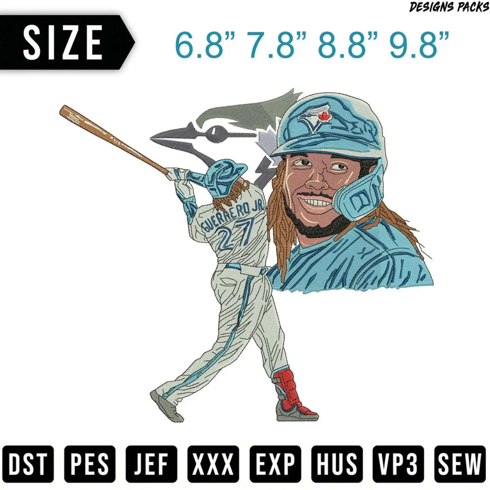 Blue Jays player Vladimir Guerrero Jr. swinging bat with size and file format options.