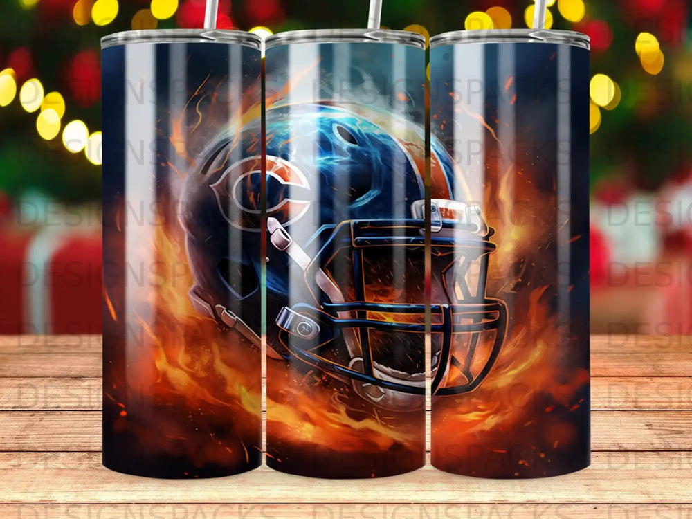 Chicago Bears helmet with flames and holiday lights.