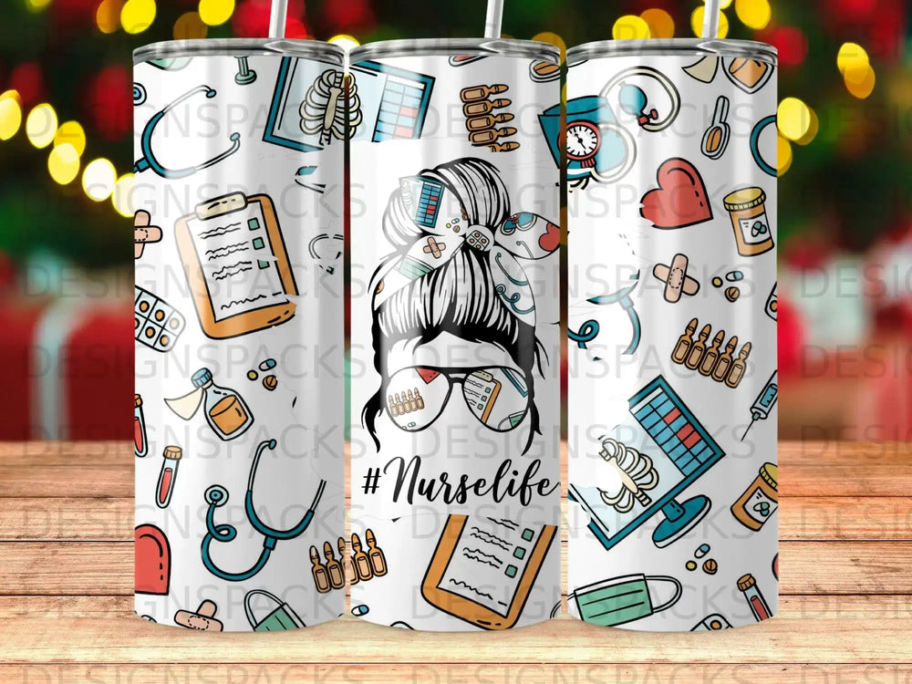 Tumbler with medical icons and "#Nurselife" text on a wooden background.