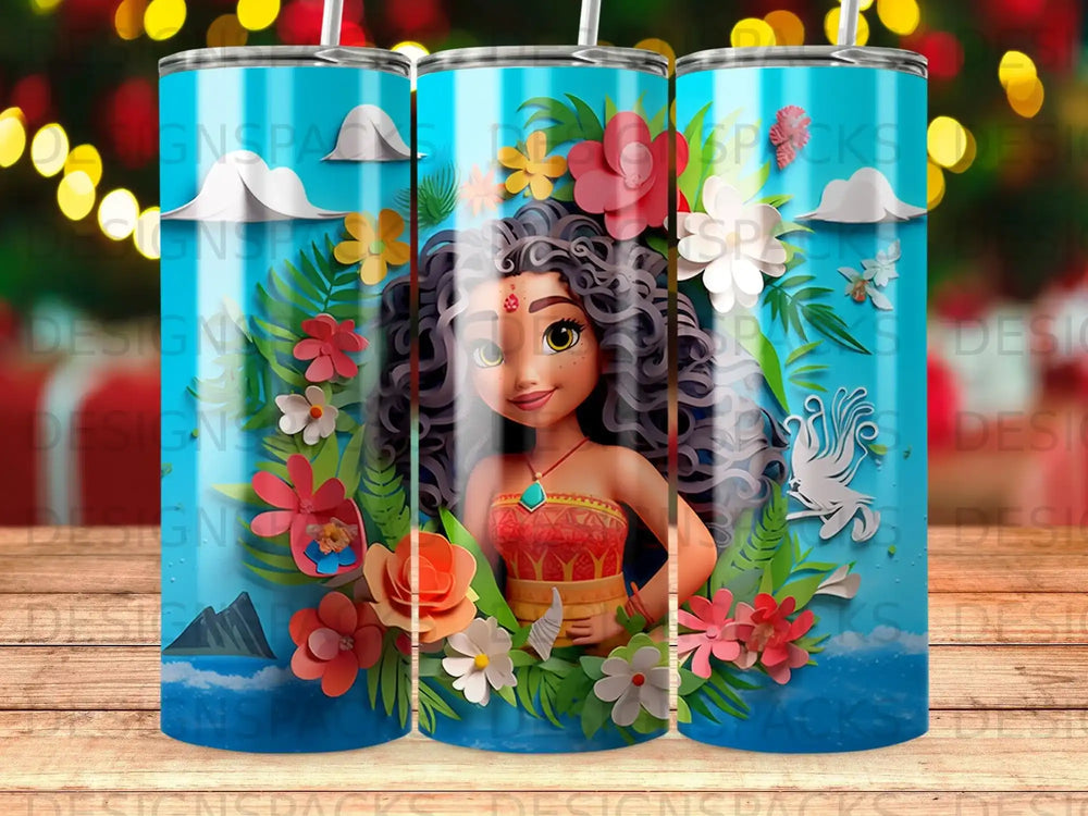 Moana character surrounded by colorful flowers and tropical leaves, with ocean and islands in background.