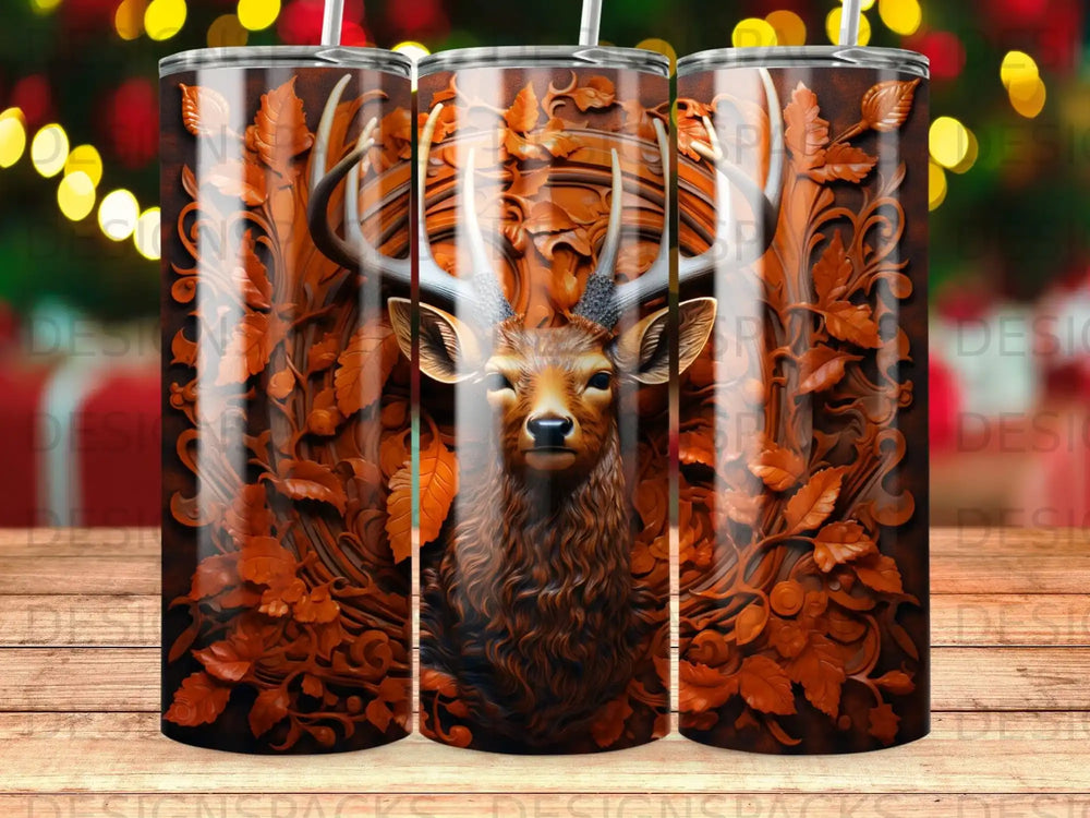 Deer head with ornate forest background on a tumbler.