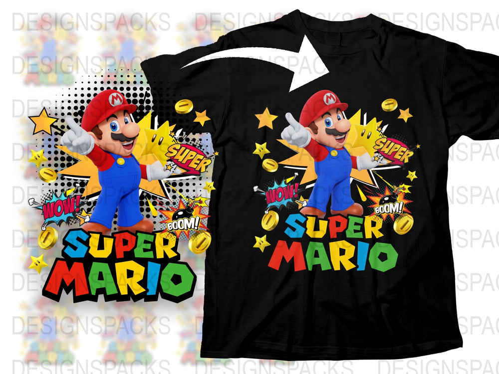 Super Mario Graphic T-Shirt, Vintage Style Video Game Tee, Colorful Retro Gaming Shirt, Fun Cartoon Apparel for All Ages