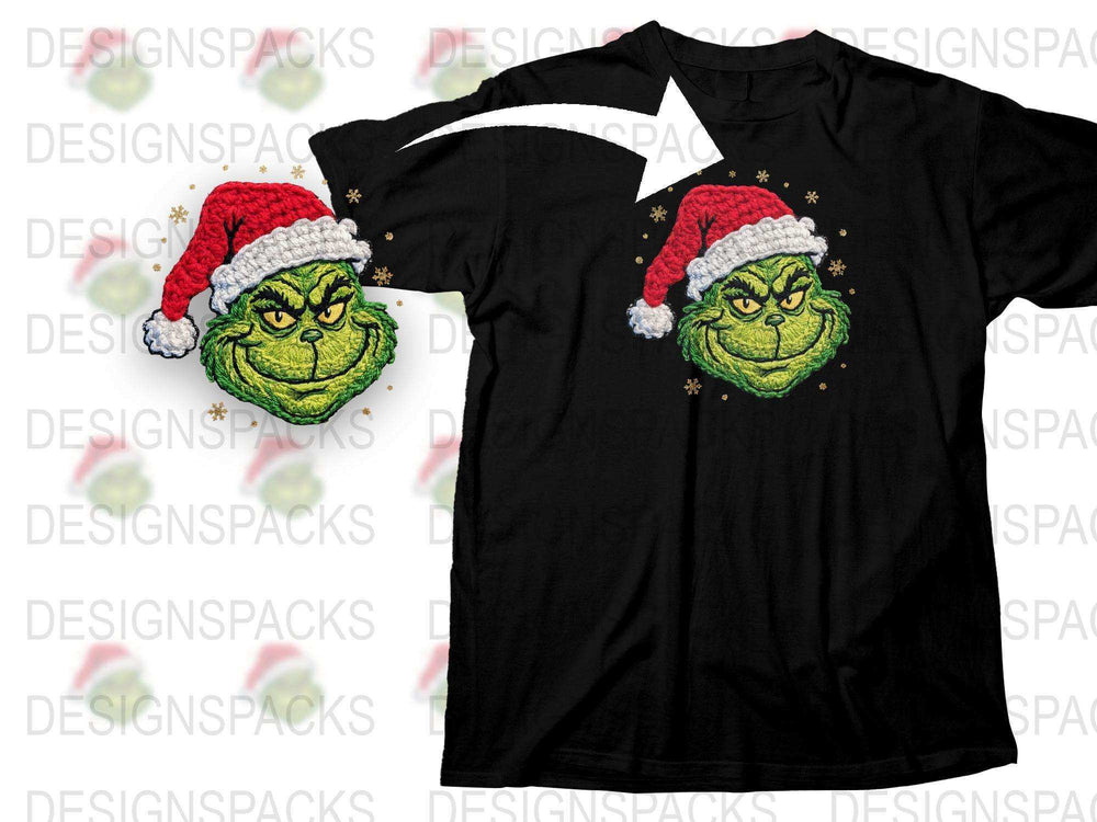 Christmas Grinch T-Shirt, Festive Holiday Tee, Unisex Santa Hat Design, Black Cotton Shirt