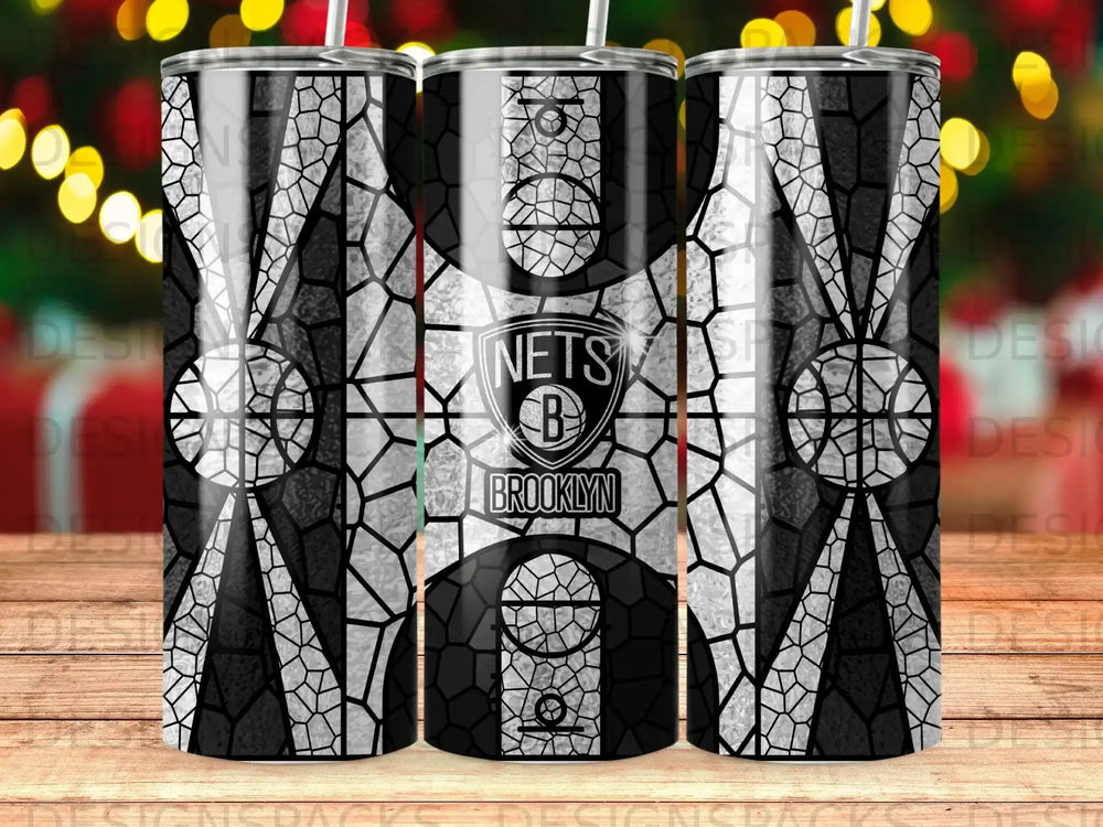 Brooklyn Nets logo on a black and white mosaic pattern tumbler.