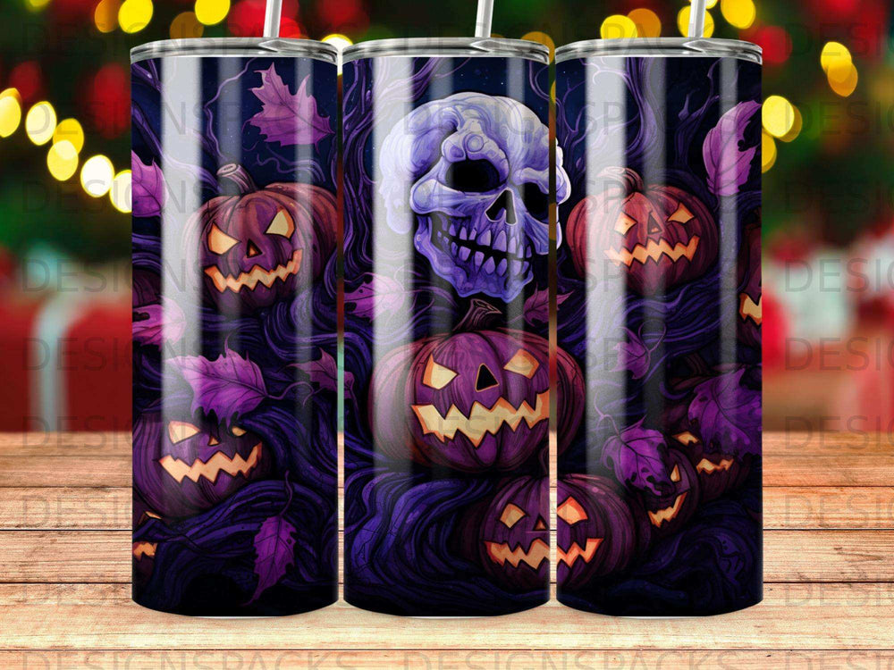 Halloween tumbler design with jack-o'-lanterns, a skull, and purple foliage.