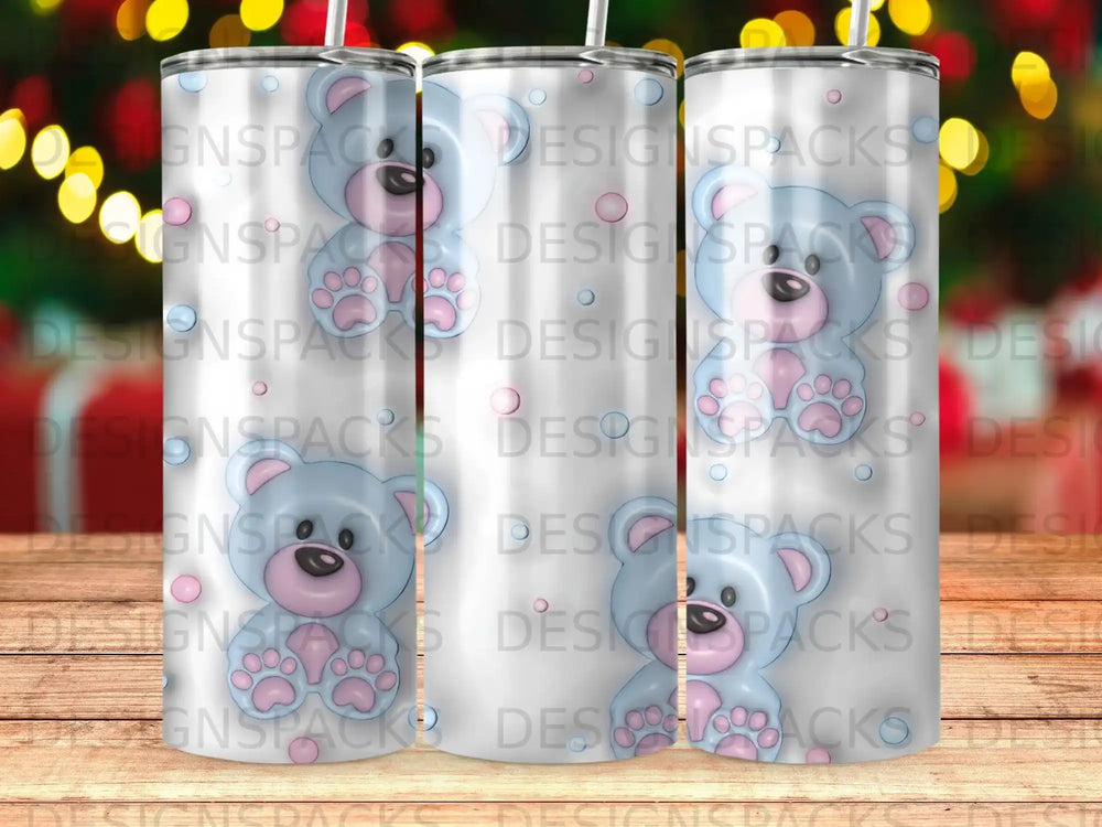 Pink and blue teddy bears on a glittery background.