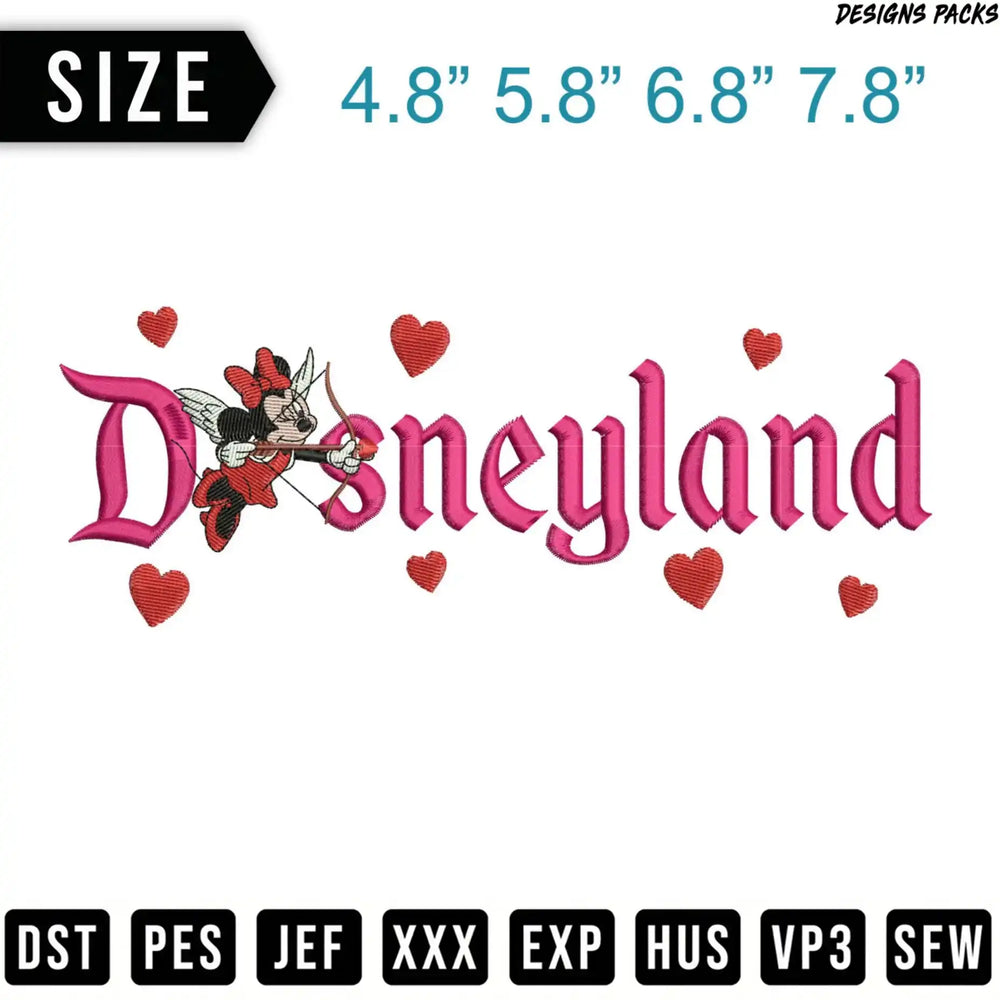 Disneyland text logo with Minnie Mouse and hearts, size options, file formats.