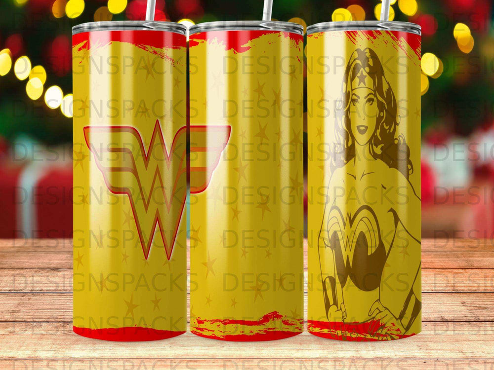 Three tumblers with a yellow background and Wonder Woman logos.