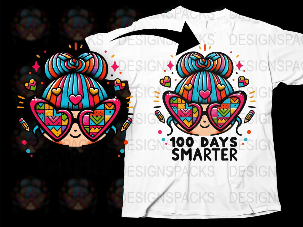 Colorful Graphic T-Shirt with Heart Sunglasses and Bow, '100 Days Smarter' Celebration Tee, Fun Educational Apparel