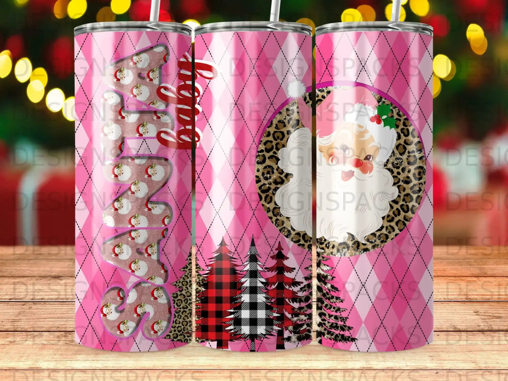 Pink diamond pattern tumbler with a Santa Claus graphic and "baby" text.