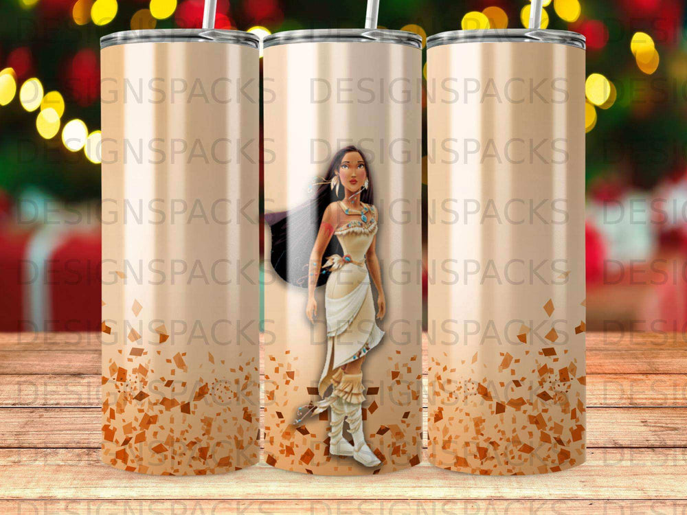 Cosignspacks tumbler with a Pocahontas design and brown leaf pattern.