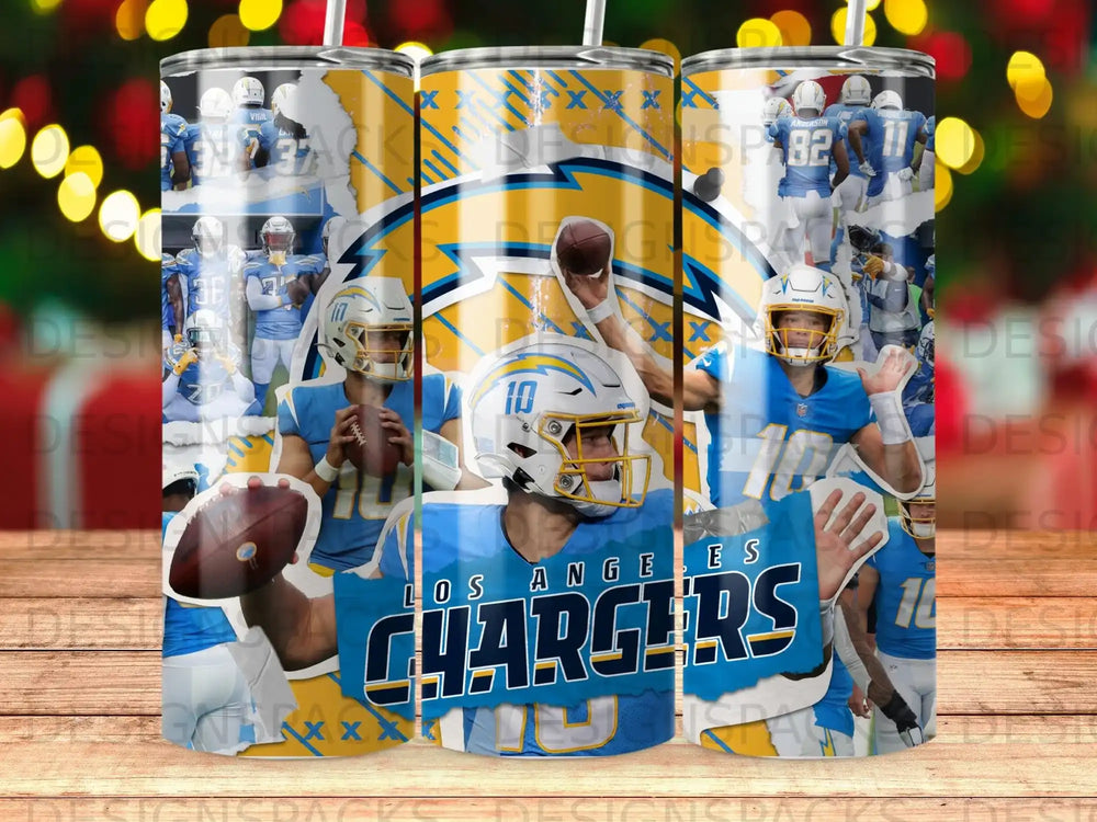 Los Angeles Chargers football players with team logo and numbers.