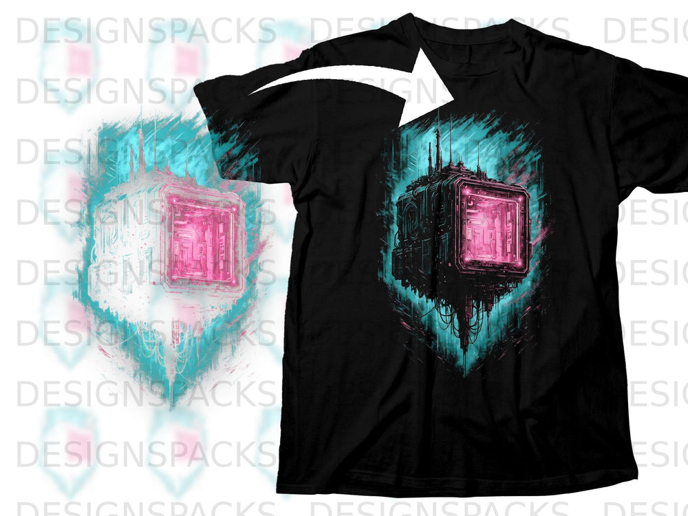 Black t-shirt with a neon pink and teal abstract geometric design.