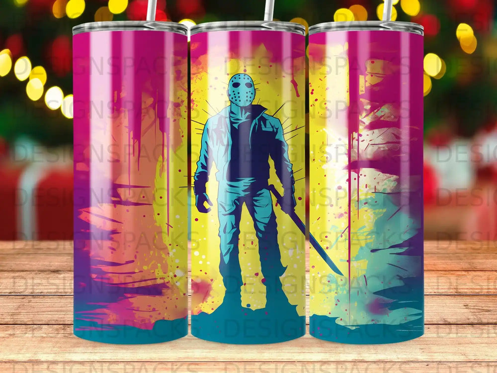 Jason Voorhees holding a machete, silhouetted against a colorful, abstract background.