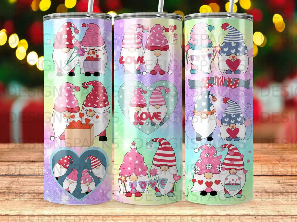 Valentine gnomes with hearts and gifts on colorful patterned tumblers.