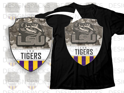 Black t-shirt featuring a shield graphic with LSU Tigers text and camouflage pattern.