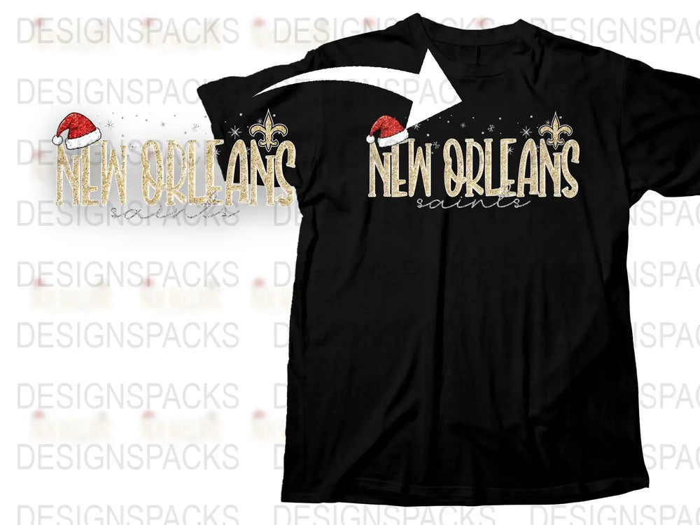 New Orleans Saints Christmas T-Shirt, Black Holiday Tee, Festive Santa Hat Graphic, Casual Winter Apparel