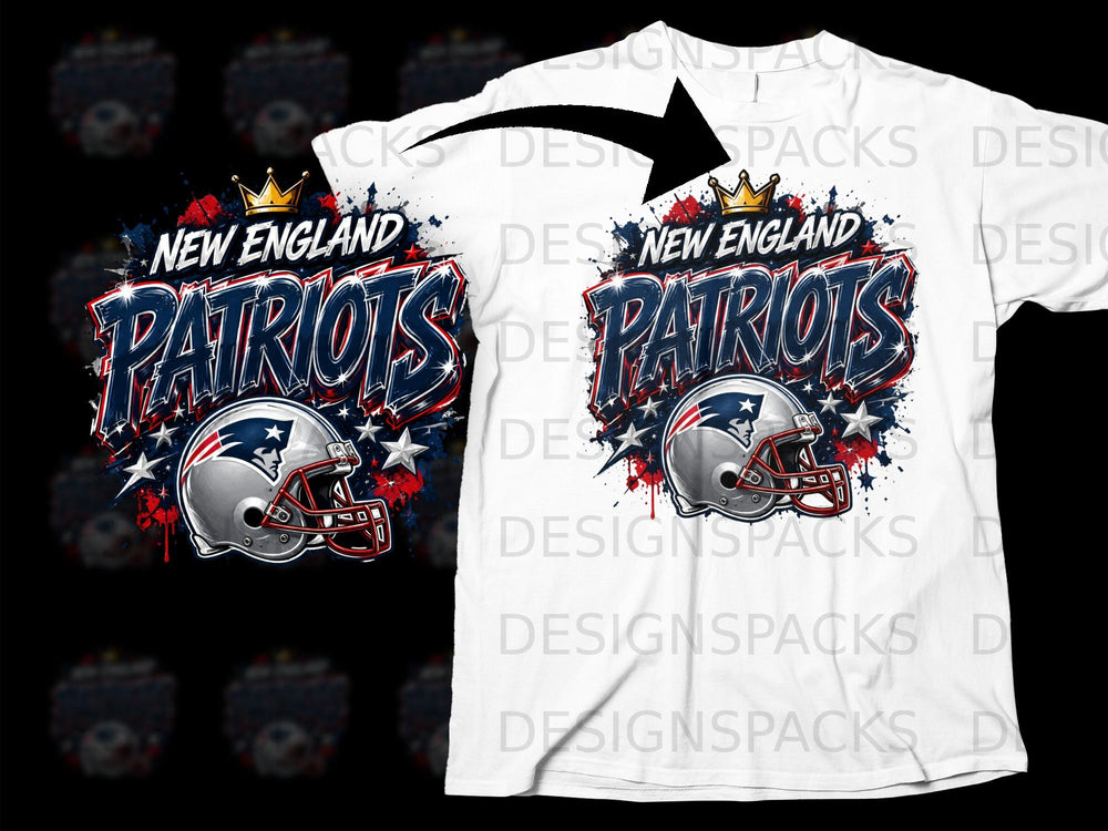 New England Patriots helmet and logo with stars and paint splatters.