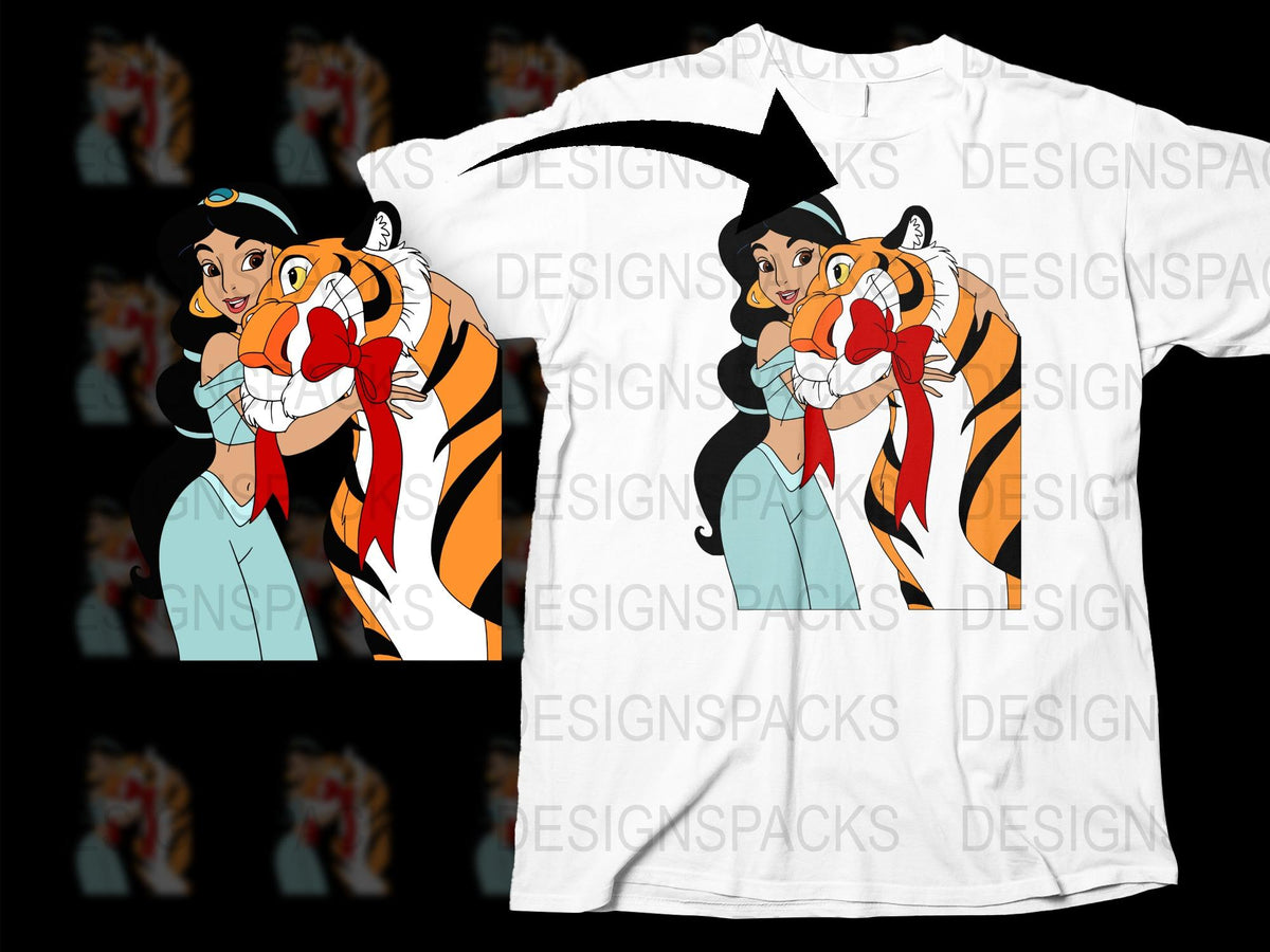 Aladdin Jasmine and Rajah Tiger Graphic T-Shirt, Disney Inspired Cartoon Tee, Unisex Adult Clothing, Unique Gift Idea