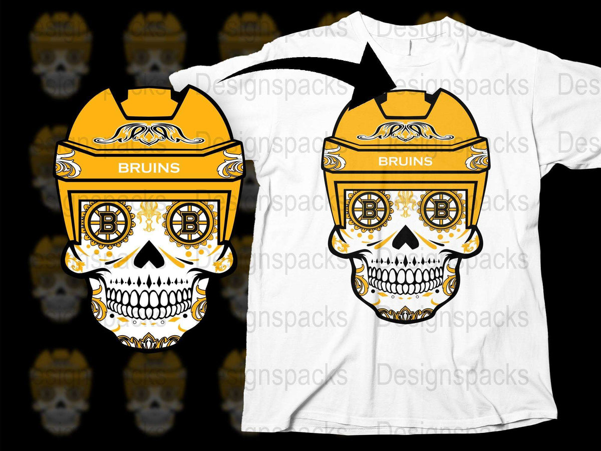 Bruins Skull T-Shirt, Yellow and White Graphic Tee, Hockey Fan Apparel, Unique Sports Clothing