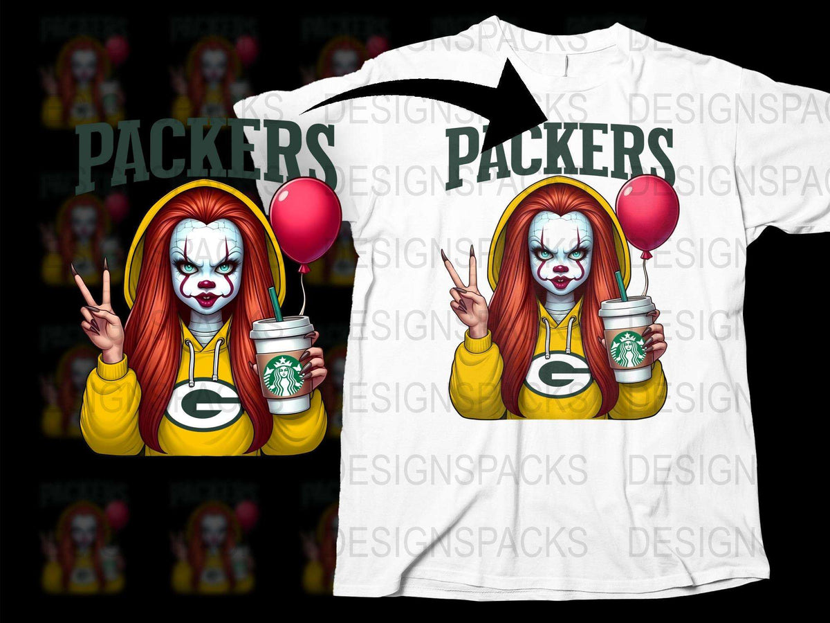 Horror Clown Packers Fan T-Shirt, Scary Clown with Balloon, Green and Yellow Sports Tee, Unique Football Fan Apparel, Unisex Clothing