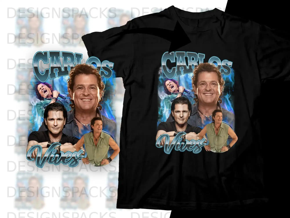 Carlos Vives t-shirt with collage of artist photos.