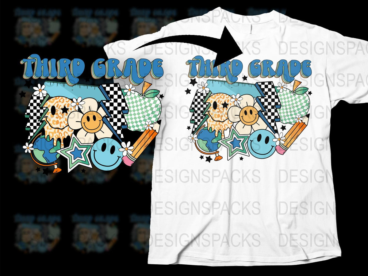 Third Grade Teacher T-Shirt, Cute Owl Graphic, Checkered Pattern, Star and Pencil Design, Kids School Tee