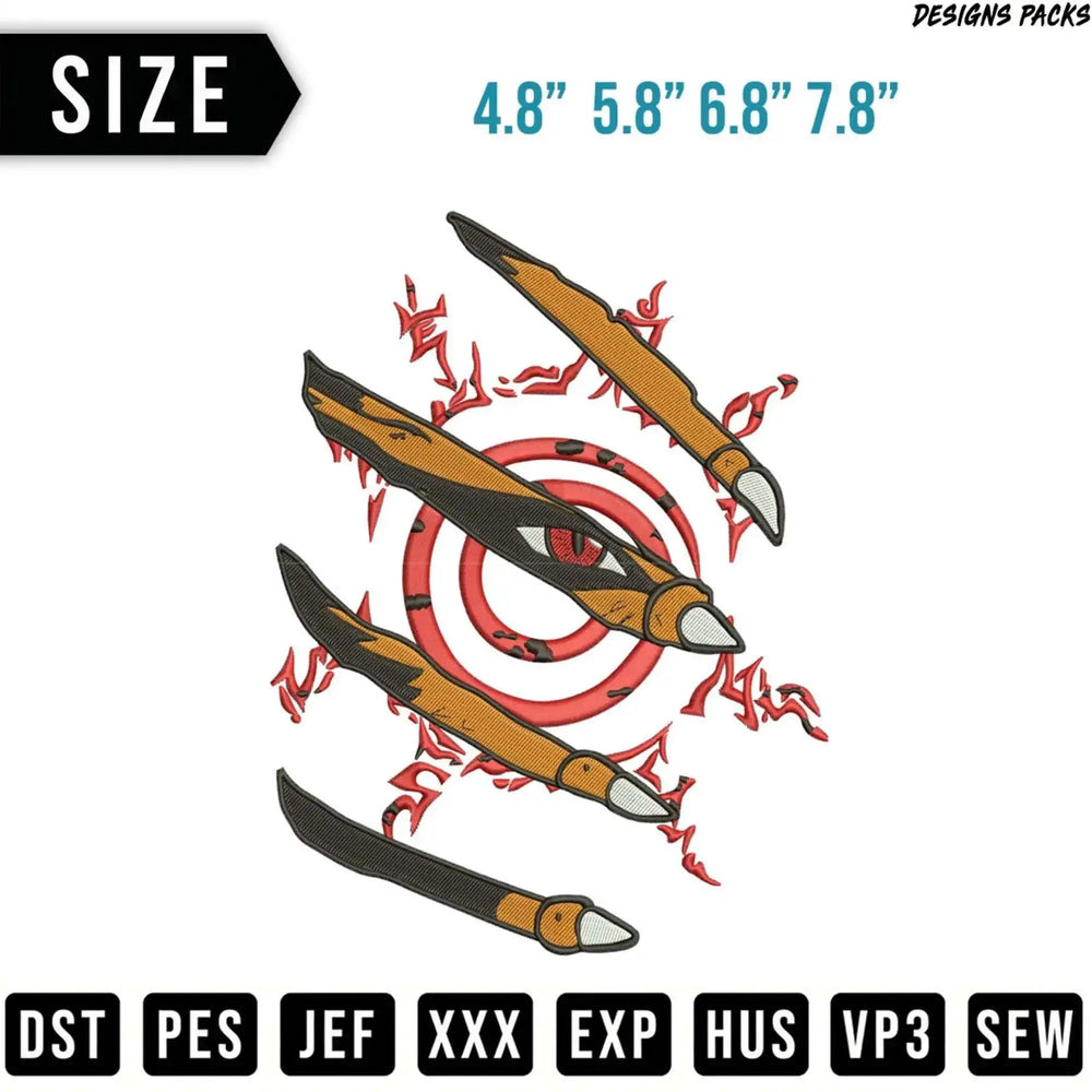 Red eye surrounded by stylized orange and black claws, with size options.