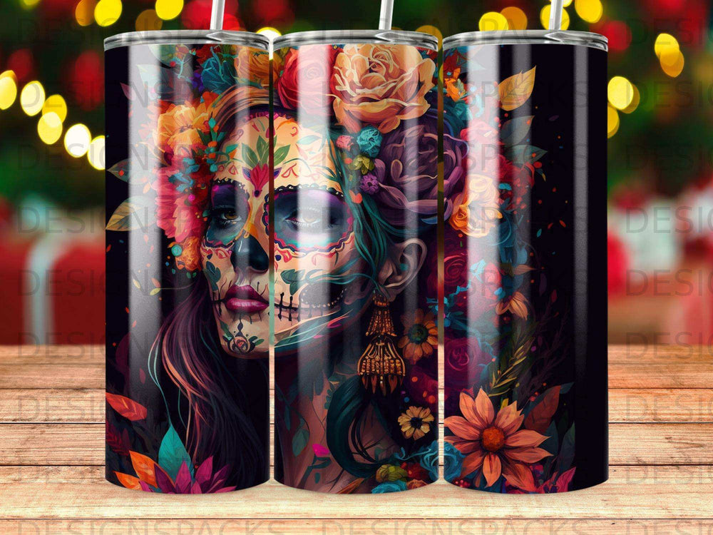 Sugar skull woman with floral accents and vibrant colors on a tumbler.