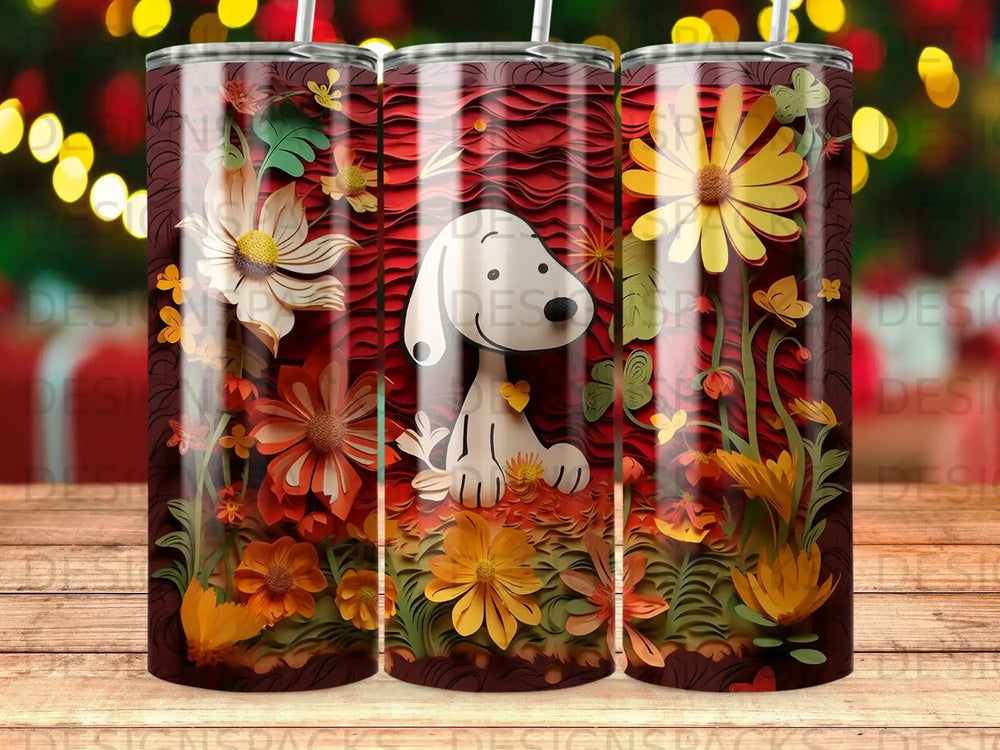 Snoopy surrounded by colorful flowers on a dark red, textured background.