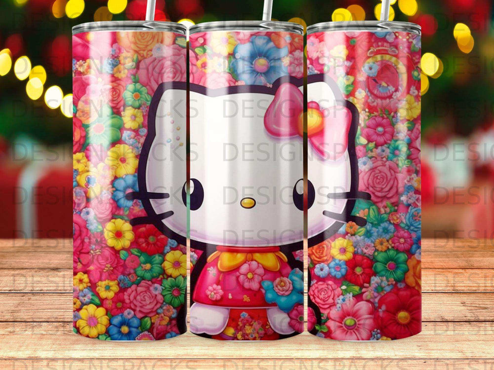 Pink Hello Kitty tumbler with colorful floral pattern.