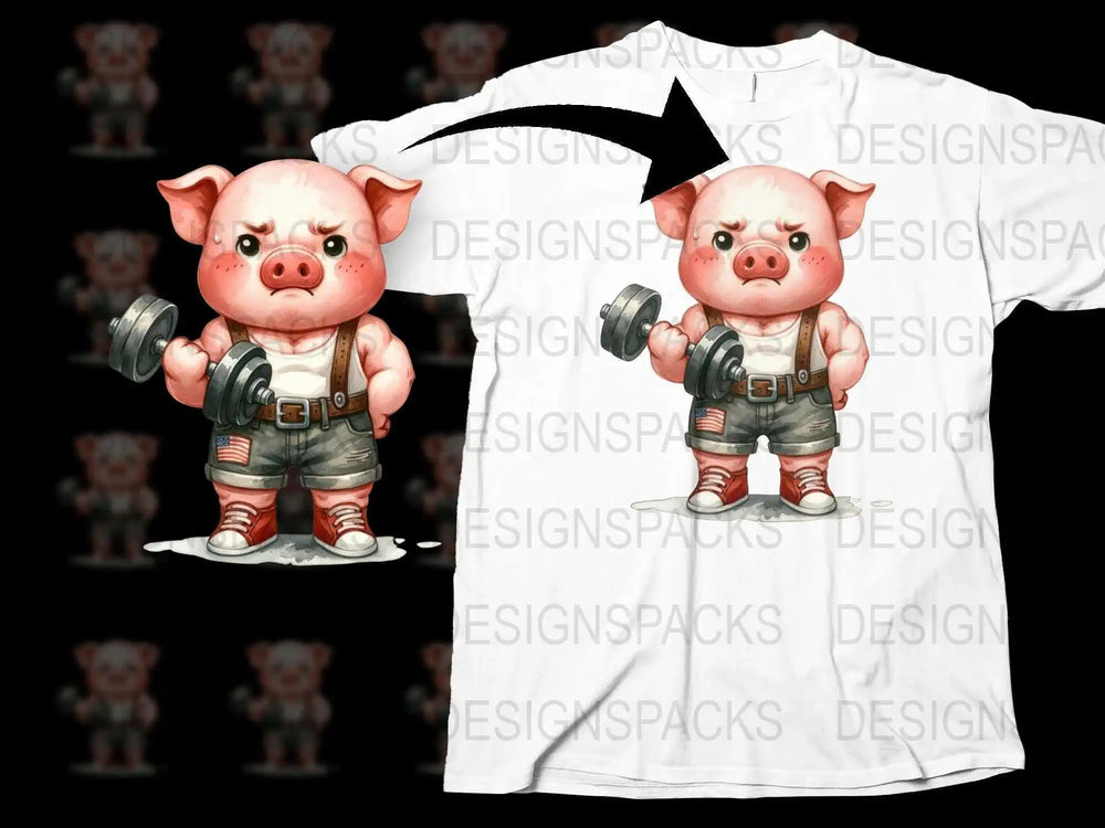 Cute Pig Lifting Weights Cartoon Graphic T-Shirt, Funny Gym Workout Tee, Pink Piggy Bodybuilder Shirt, Animal Fitness Apparel
