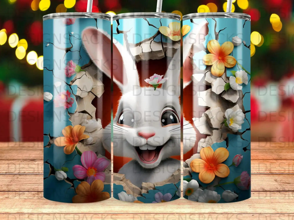 White rabbit peeking through cracked wall with colorful flowers.