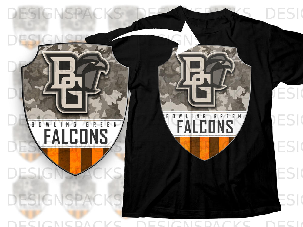 Black t-shirt with a shield logo featuring "Bowling Green Falcons" and a camouflage pattern.