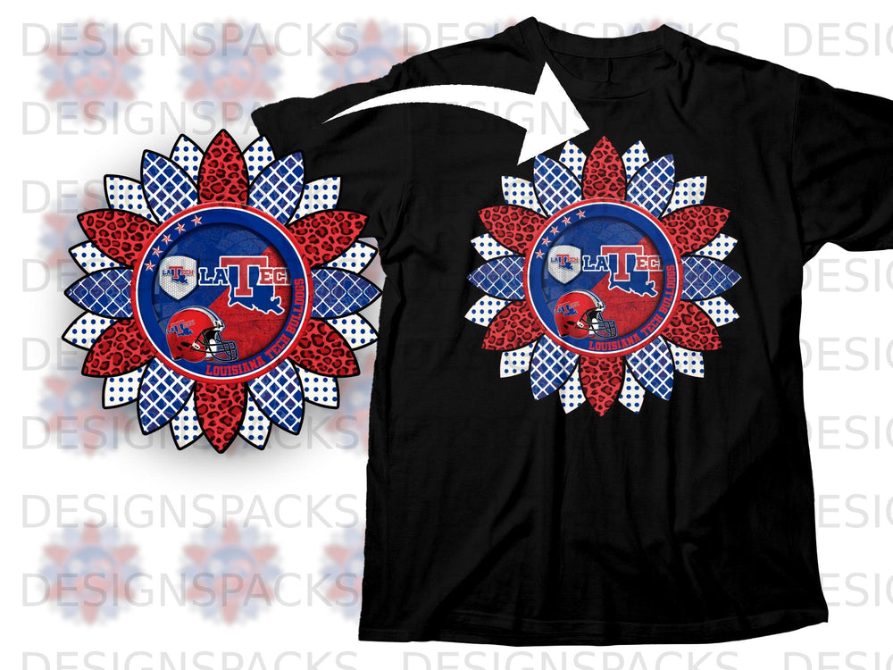 Black t-shirt featuring a sunflower design with Louisiana Tech Bulldogs logo details.