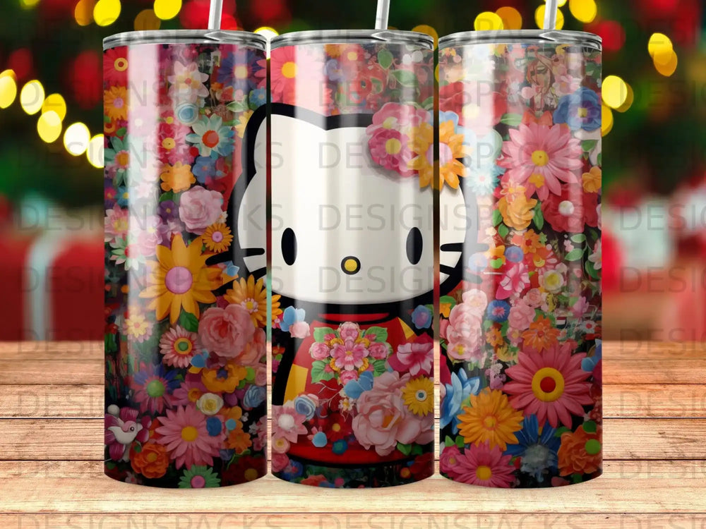Hello Kitty tumbler with a vibrant floral pattern.