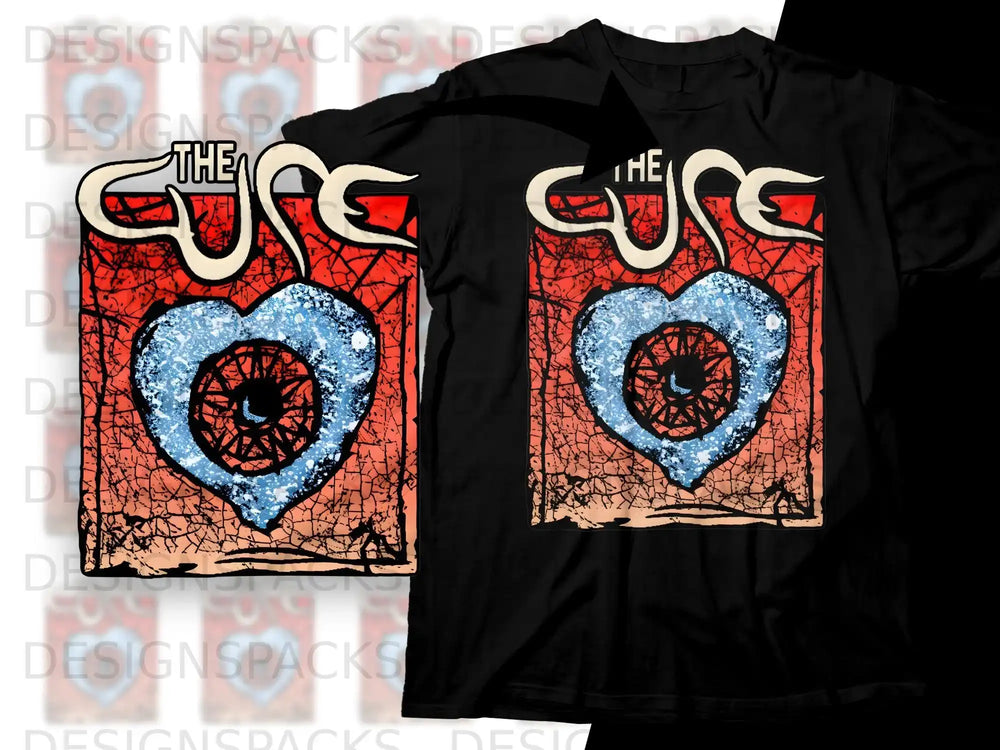 Black t-shirt with The Cure band logo and distressed heart-shaped eye graphic.