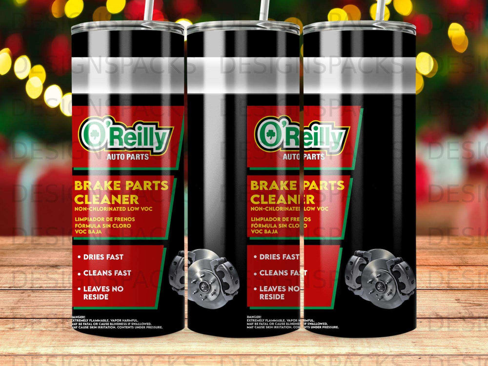 Two O'Reilly Auto Parts brake cleaner cans, showing product details and warnings.