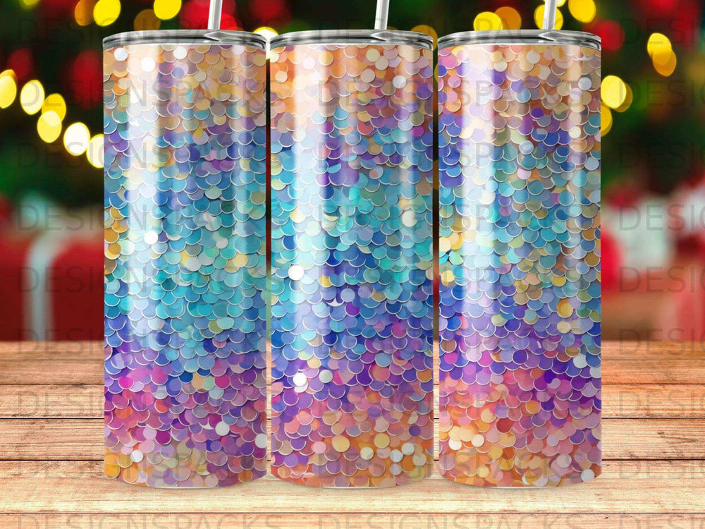 Tumbler with iridescent purple, blue, and orange sequin pattern.