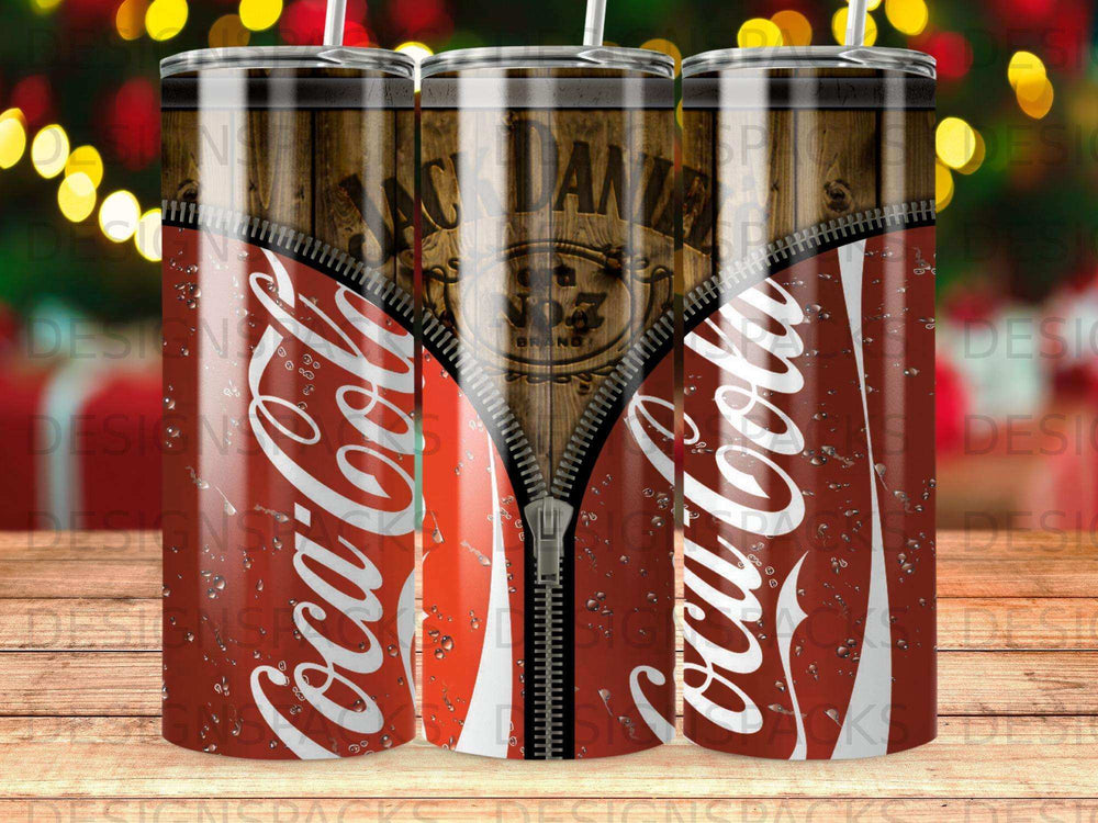 Two tumblers with Coca-Cola and Jack Daniel's logos, partially zipped.