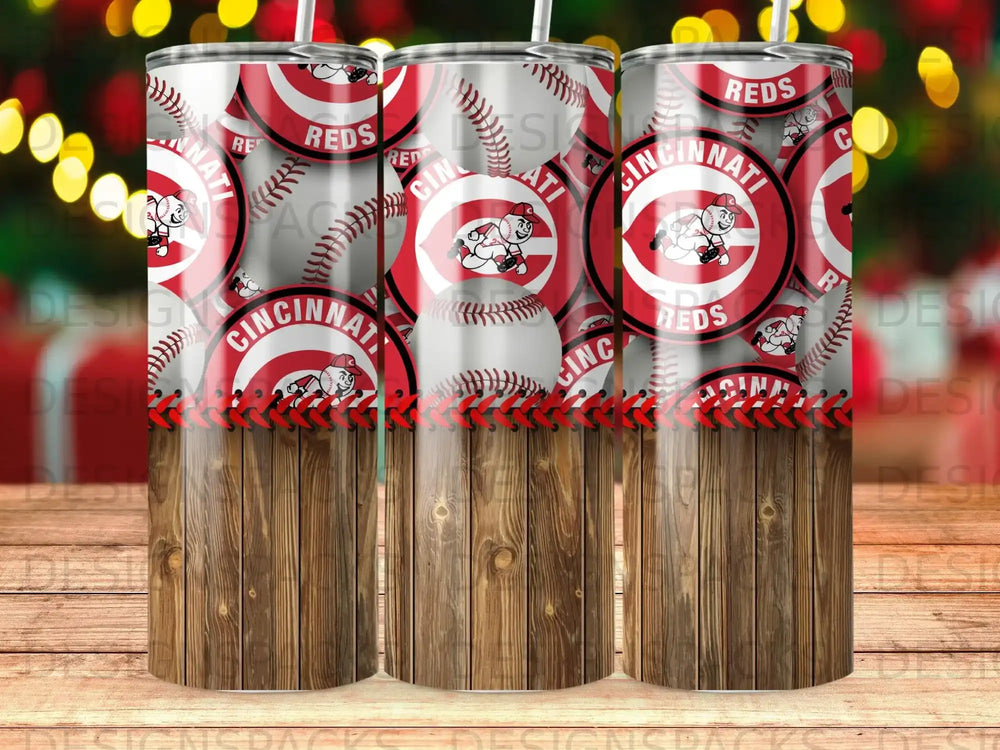Cincinnati Reds baseball tumbler with wood grain base.