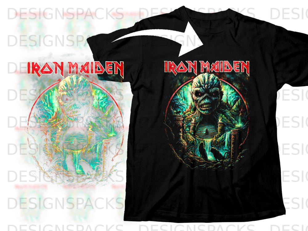 Black t-shirt featuring Iron Maiden band logo and Eddie the Head artwork.