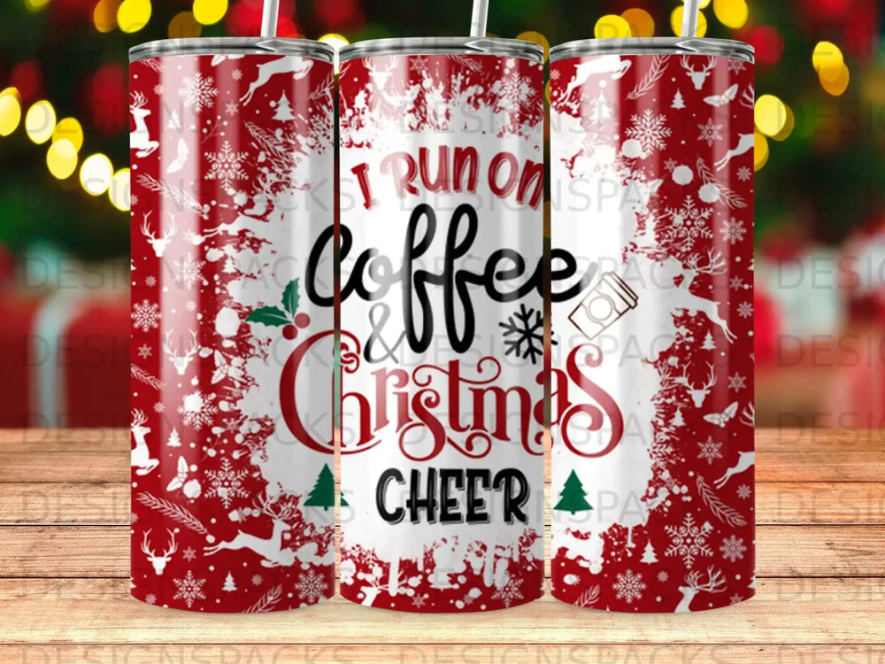 Red and white Christmas tumbler with "I run on coffee and Christmas cheer" text.