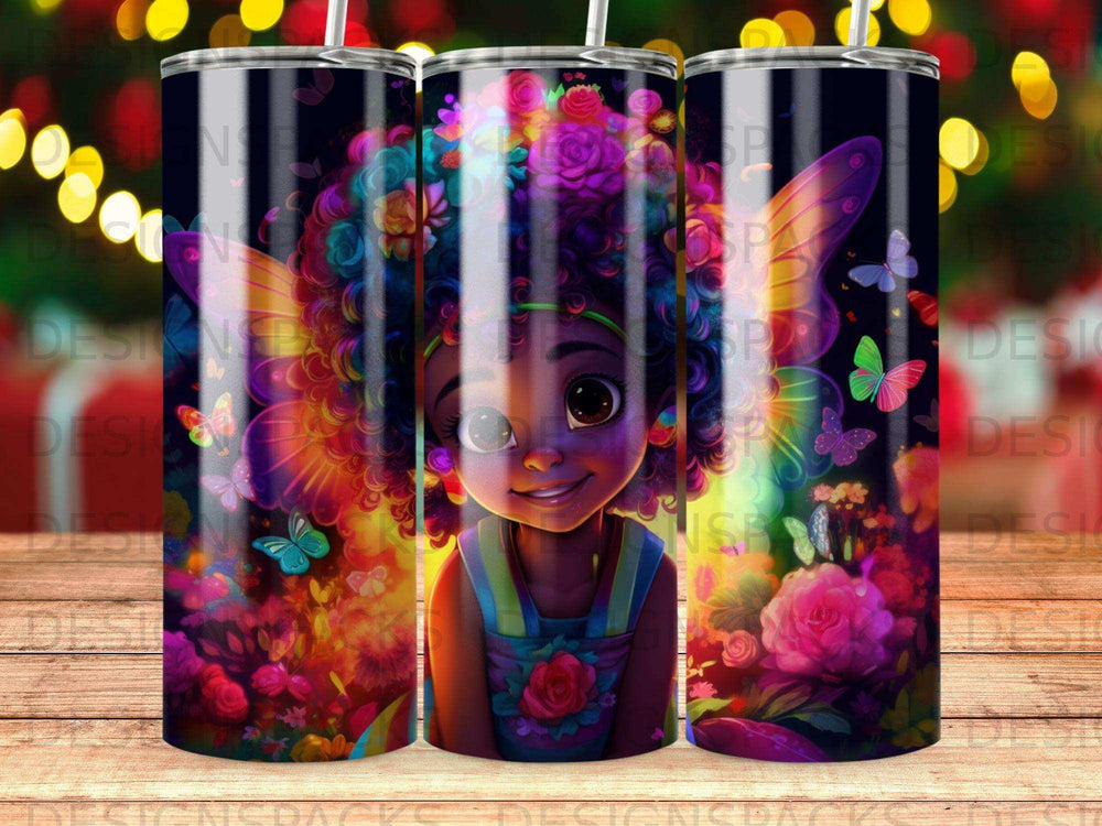 Cartoon girl with colorful butterfly wings and floral background.