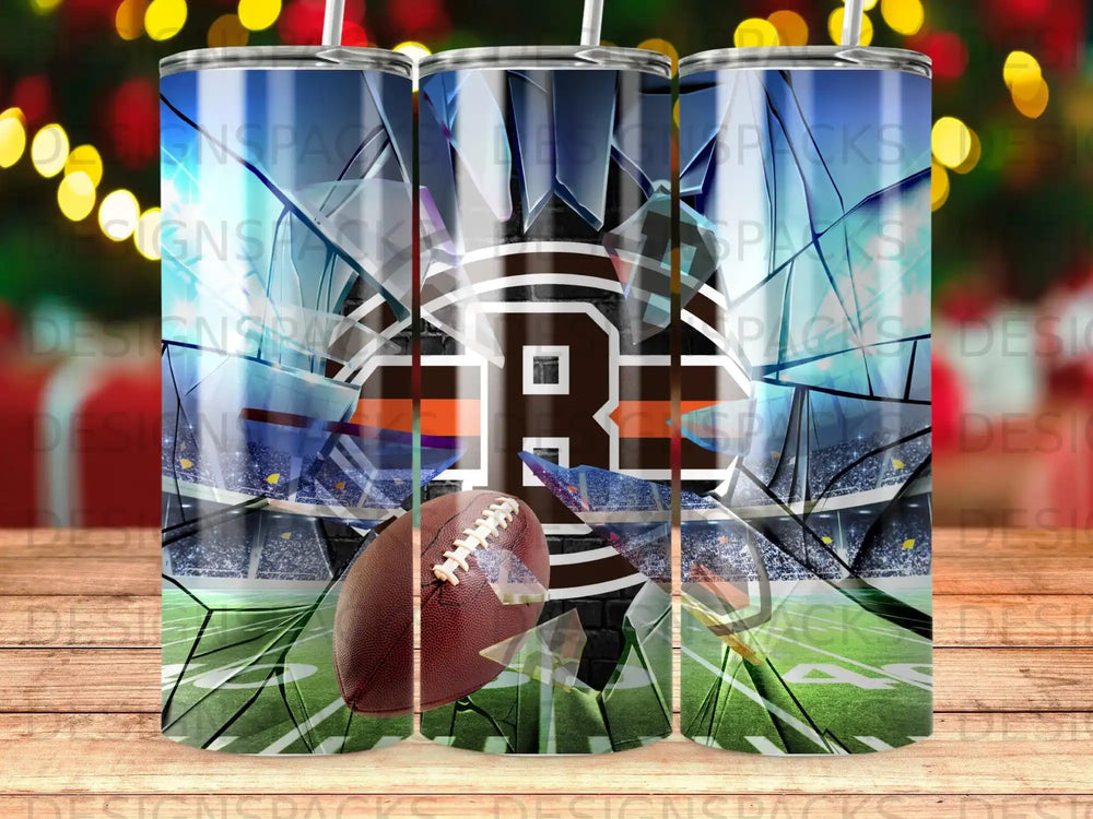 Cleveland Browns football with shattered glass and stadium background.
