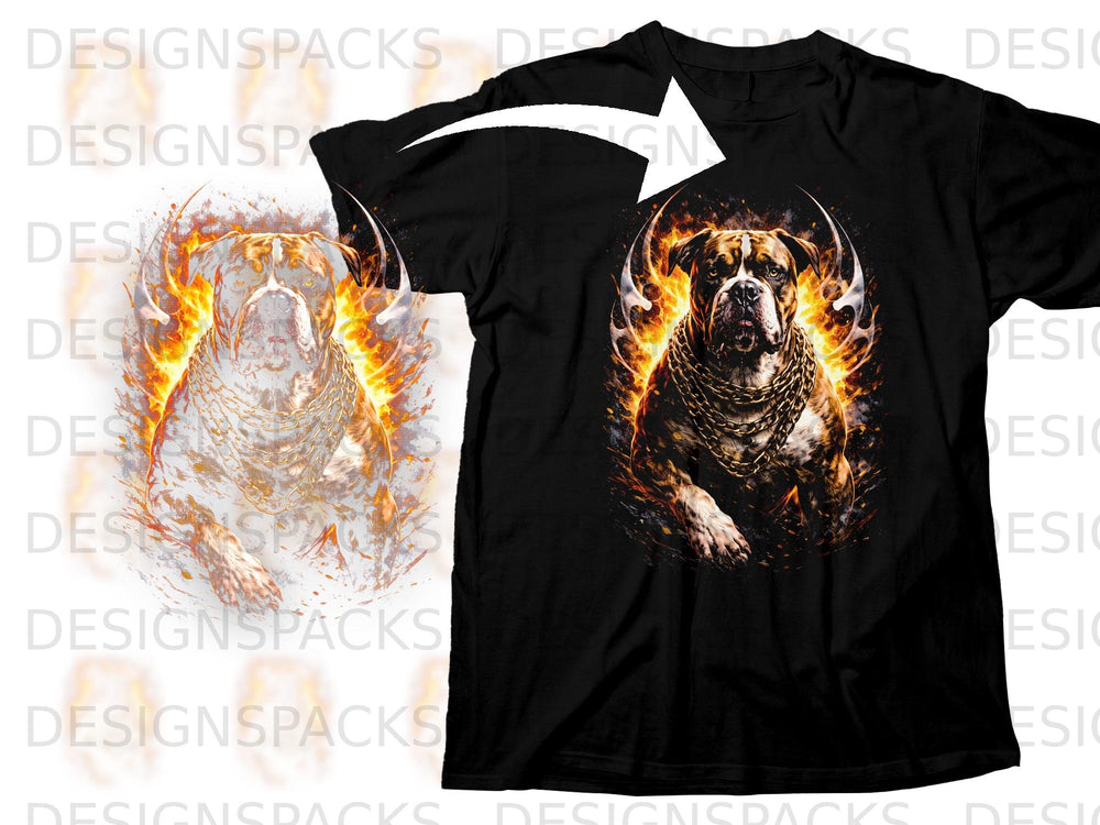 Black t-shirt featuring a stylized pit bull with gold chains and fire elements.