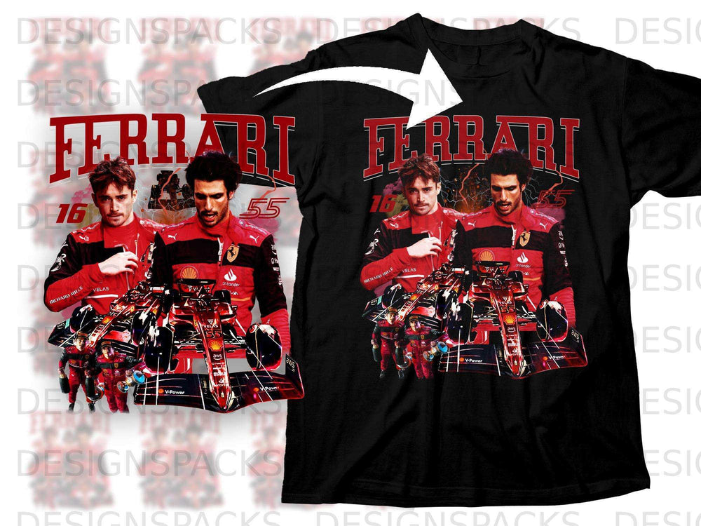 Ferrari F1 drivers Leclerc and Sainz on a black t-shirt with racing car graphic.