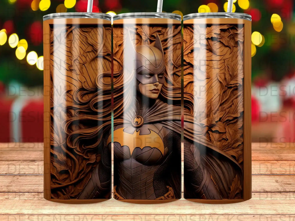 Batman logo and character on a tumbler with wood grain texture.
